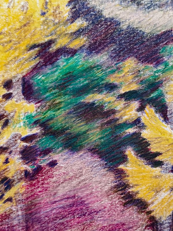 Detail: een groene tak met donkerpaarse schaduwen tussen gele bladeren, boven een zachte laag roze en paars.
